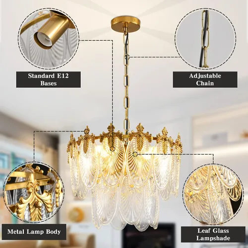 Miniatura 4 de Antique Chandeliers 2-Layer Gold Crystal Glass Chandelier, 4-Light Round Pendant Light 17.7" Brushed Brass Adjustable Height, Applicable to Dining