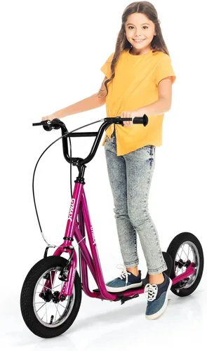 GYMAX Patinete todoterreno para niños y adultos con ruedas inflables de 12 pulgadas, manillar de altura ajustable, frenos de mano tipo V y clavijas