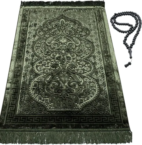 Modefa Alfombra de oración de terciopelo de lujo con cuentas de oración, suave y elegante, alfombra musulmana turca Janamaz Sajada para hombres y