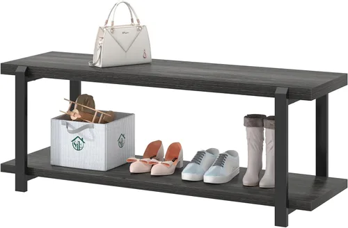 Miniatura 8 de FOLUBAN Banco de almacenamiento de zapatos de 47 pulgadas, banco de entrada de madera rústica y metal para pasillo, puerta delantera, zapatero
