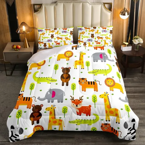 Erosebridal Juego de ropa de cama individual de animales del zoológico para niños, lindo juego de edredón de animales salvajes de dibujos animados