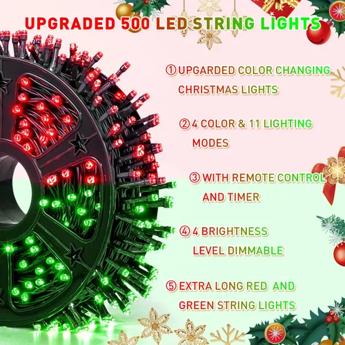 Miniatura 7 de JMEXSUSS Tira de luces LED de Navidad de 173 pies para exteriores, luces rojas y verdes de Navidad con control remoto, luces de árbol de Navidad que