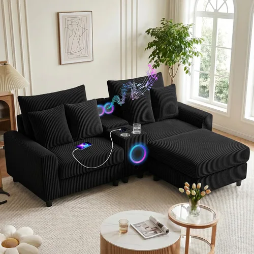 Miniatura 11 de MAKIAAP Sofá modular de pana de 83 pulgadas con altavoces, cómodo sofá biplaza de asiento profundo con otomana móvil, consola, cargador USB, Beige