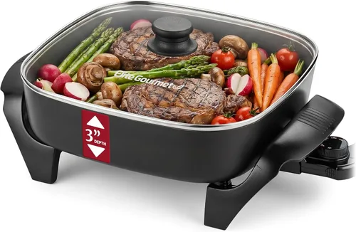 Elite Gourmet Sartén eléctrica de cerámica sin PFAS, extra profunda de 12 x 12 x 3 pulgadas, menos salpicaduras, apto para lavavajillas, calor