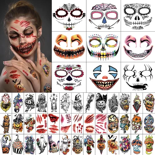 50 piezas de tatuajes faciales de broma de Halloween para adultos, mujeres y hombres, 10 calcomanías de terror para Halloween, 40 piezas de tatuajes