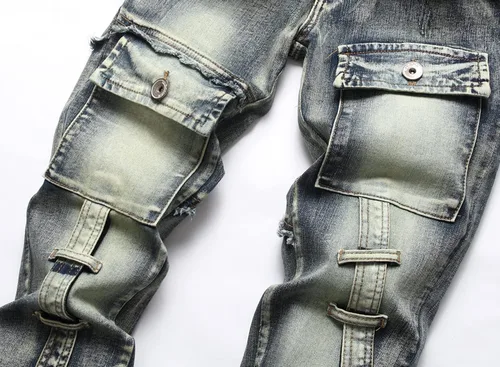 Miniatura 3 de XIMXIMMTIAN Jeans de mezclilla para hombre estilo motociclista, lavados, desgastados, ajustados y rectos