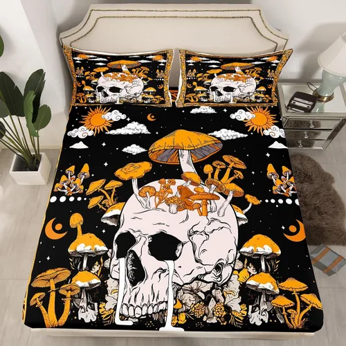 Miniatura 29 de Erosebridal Sábanas de cama de polilla de la muerte, sábana bajera ajustable de calavera gótica, tamaño individual, sábanas florales de flores