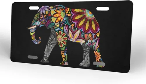 Miniatura 2 de Placa de matrícula delantera de aluminio con diseño alegre boho de mandala floral con elefante, placas de matrícula decorativas divertidas de metal