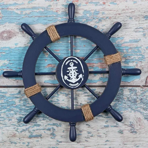 Miniatura 2 de MDLUU Volante náutico de madera, timón de barco pequeño y ancla, juego de decoración de pared de 11 pulgadas, rueda de timón azul marino, adorno