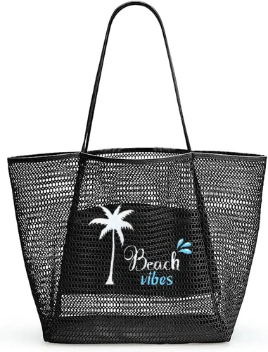 ukia Bolsa de playa de malla, bolsas de playa de gran capacidad para mujer, bolsa de playa plegable con bolsillo con cremallera