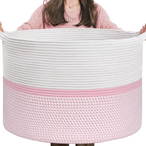 Miniatura 14 de CHICVITA Cesta tejida de cuerda de algodón extra grande XXL, cesta de almacenamiento para manta con asas, cesta decorativa para ropa, 22 x 22 x 14
