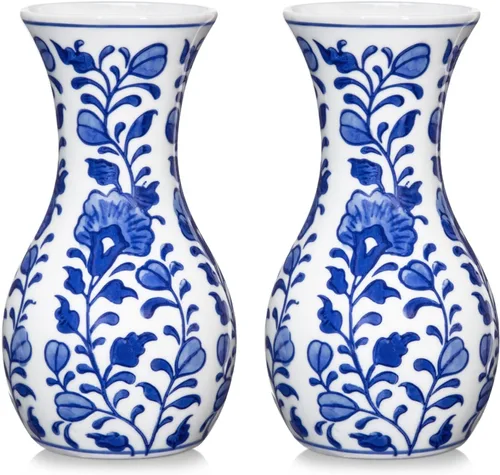 Miniatura 16 de Pequeño Jarrón Azul y Blanco, Pack de 2, Jarrón de Brotes de 6 Pulgadas de Cerámica, Jarrones Retro Chinoiserie para Decoración de Flores Frescas