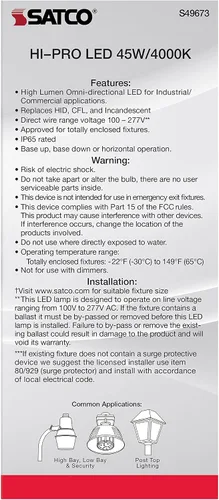 Miniatura 7 de Satco S49673 - Bombilla LED HID de mazorca de maíz, base extendida Mogul, 45 W, clasificación de 35000 horas, 6165 L, blanco frío