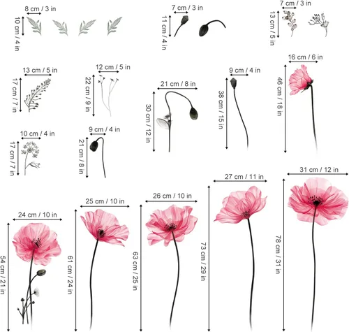 Miniatura 5 de decalmile Calcomanías de pared grandes con flores de amapola rosa, calcomanías de pared de flores florales para dormitorio, sala de estar, fondo