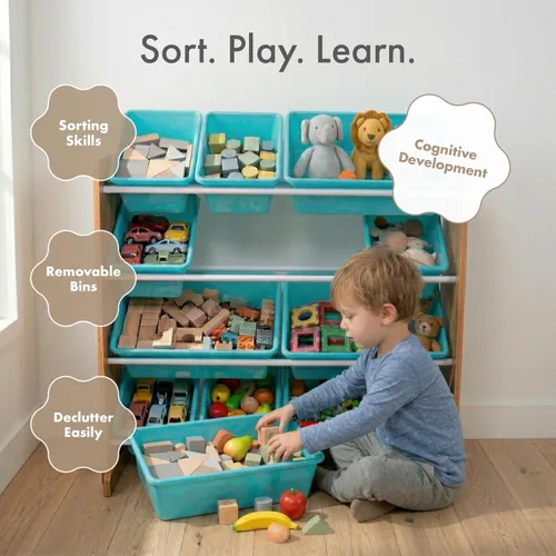 Miniatura 6 de Humble Crew Organizador de almacenamiento de juguetes para niños con 12 cubos de plástico, madera natural/aguamarina, contenedores extraíbles