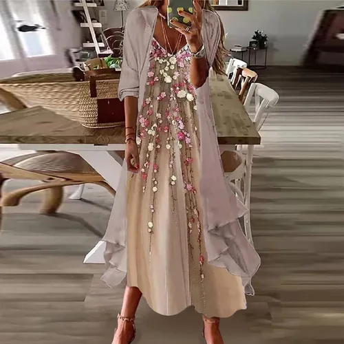 Miniatura 2 de Vestido formal de verano para mujer casual estampado de moda cuello en V conjunto de dos piezas vestido largo 2022