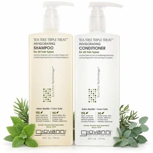 GIOVANNI Tea Tree Triple Treat - Juego de champú y acondicionador vigorizante de menta refrescante, eucalipto, romero, ayuda con el cuero cabelludo