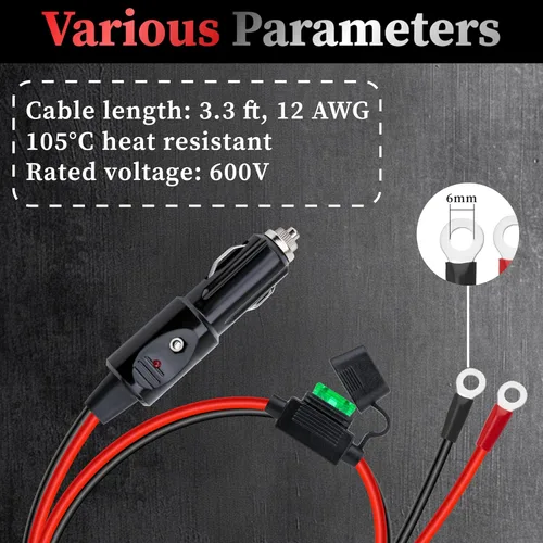 Miniatura 2 de Enchufe de encendedor de cigarrillos resistente de 12 AWG, cable adaptador de enchufe macho de encendedor de cigarrillos de 3.3 pies con luces LED