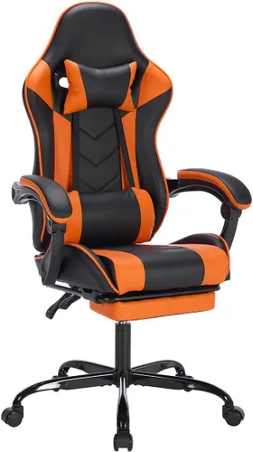 Miniatura 14 de Silla de escritorio para juegos para adultos, silla ergonómica para juegos con reposapiés, reposacabezas y soporte lumbar, material de cuero, altura