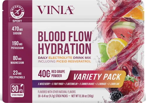 VINIA Mezcla de polvo de hidratación de electrolitos Resveratrol | Aumenta el flujo sanguíneo y la circulación | Sal marina, agua de coco, potasio,