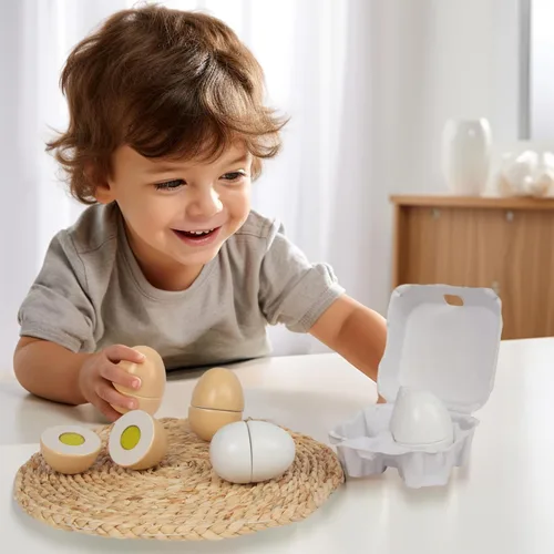 Miniatura 5 de Huevos de madera, 4 piezas de juguetes para cortar huevos de Pascua, juego de comida de madera para jugar a fingir, juegos de comida de juguete