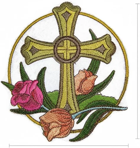 Miniatura 2 de [Personalizado] Santa Cruz Sagrada con Recompensa de la Naturaleza [Cruz y Tulipán] Bordado Hierro/Coser Parche [5" x 5.15"][Hecho en Estados Unidos]