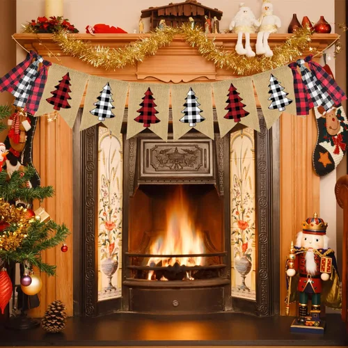 Miniatura 4 de Doumeny Pancarta de arpillera a cuadros de Navidad con diseño de búfalo para árbol de Navidad, guirnalda vintage de feliz Navidad, guirnalda