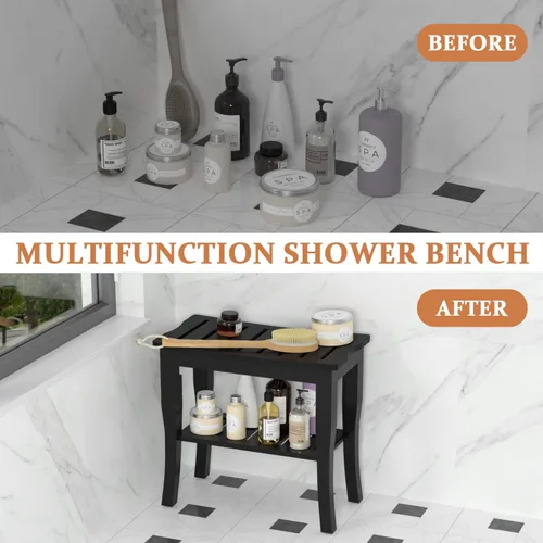 Miniatura 7 de Domax Bancos de ducha de bambú para ducha interior, asiento de banco de baño, taburete de ducha de madera impermeable con estante de almacenamiento