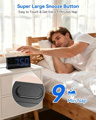 Miniatura 5 de Reloj despertador digital, reloj de alarma dual ruidoso para dormitorio, pantalla grande electrónica de 7.5 pulgadas con atenuador, cargador USB