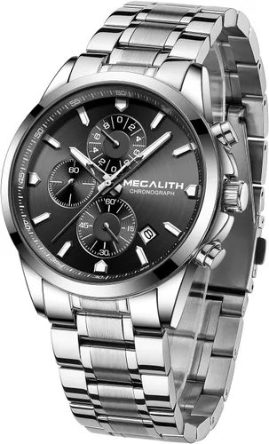 Miniatura 14 de MEGALITH Wrist Watches for Men Luxury: Dress Silver Stainless Steel Chronograph Watch Waterproof - Gift for Husband Father at Birthday Anniversary