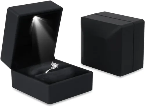 Miniatura 3 de iSuperb Caja de anillo con luces LED, 2 unidades, para propuestas, compromisos, bodas, regalos (paquete de 2 unidades, negro)