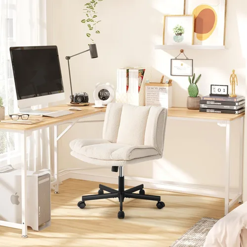 Miniatura 9 de LEAGOO Silla cruzada con ruedas, silla de maquillaje sin brazos con asiento ancho peludo, silla de tocador ajustable en altura, convertible entre