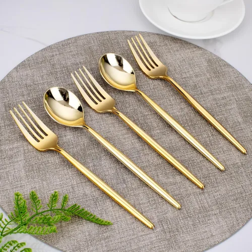 Miniatura 6 de SUT Juego de 200 piezas de tenedores y cucharas de plástico dorado resistente, cubiertos desechables dorados, cubiertos de oro, utensilios