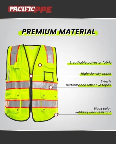 Miniatura 3 de PACIFIC - Chaleco de seguridad con 10 bolsillos para hombre, tiras reflectantes de alta visibilidad 3M con bolsillos y cremallera, ANSI Clase 2