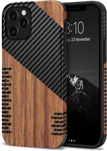 Miniatura 10 de TENDLIN Funda compatible con iPhone 12 Pro Max de grano de madera con diseño de textura de fibra de carbono, funda híbrida de cuero negro