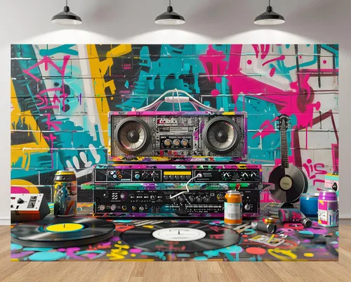 MAEQLQLM Telón de fondo retro de 5 x 3 pies, diseño de graffiti de hip hop, diseño vintage Boombox, arte callejero, fondo urbano colorido para