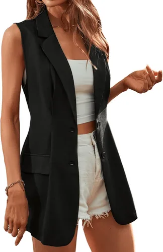 Miniatura 4 de Floerns Chaqueta tipo blazer sin mangas con cuello frontal y botones para mujer