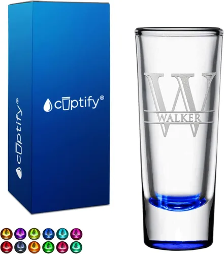 Miniatura 30 de Vaso de chupito personalizado con fondo verde azulado personalizado de 2 oz, vasos de chupito cordial con inicial en script dividido y nombre