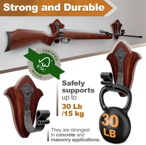 Miniatura 6 de TESLYAR Soporte de Pared para Armas – Montaje Horizontal de Armas en Pared con Ganchos de Metal – Soporte de Pared para Rifles – Soporte de Pared