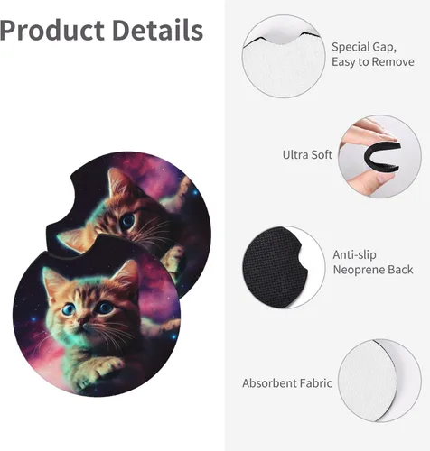 Miniatura 3 de Portavasos para automóvil con estampado de gato Galaxy para portavasos universales antideslizantes, paquete de 2 soportes para tazas, almohadilla