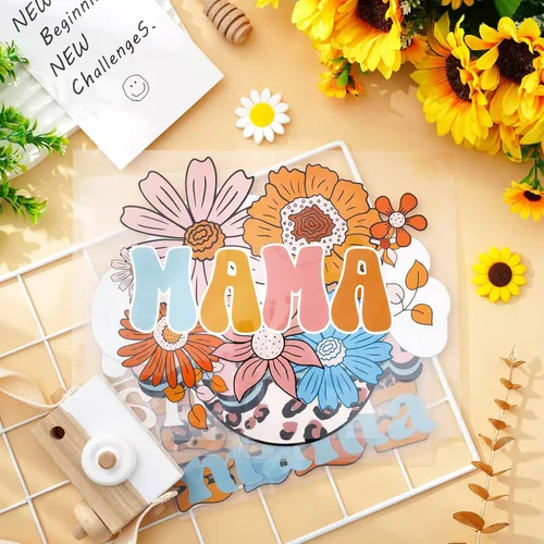 Miniatura 4 de Whaline 6 hojas de parches para planchar con texto en inglés "Mama Boho, para planchar con estampado de arcoíris, flores, leopardo, mamá", vinilo