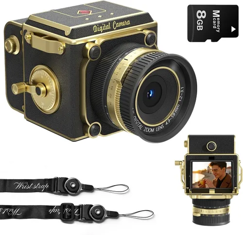 Cámara digital vintage – Retro portátil apuntar y disparar cámara de diseño decorativo – Cámara compacta de enfoque automático pequeña 2.7K Video