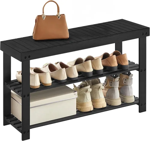 SONGMICS Estante para Zapatos con Banco, Organizador de Almacenamiento de Zapatos de Bambú de 3 Niveles, Banco de Entrada, Soporta hasta 286 lb,