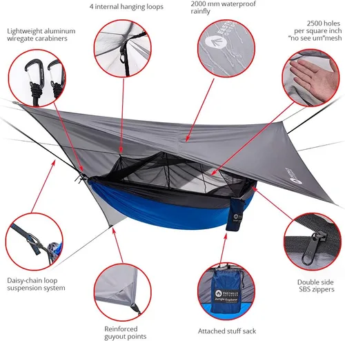 Miniatura 2 de Easthills Outdoors Jungle Explorer - Hamaca doble para acampar de 118 x 79 pulgadas, ligera, antidesgarros, nailon para 2 personas, con red