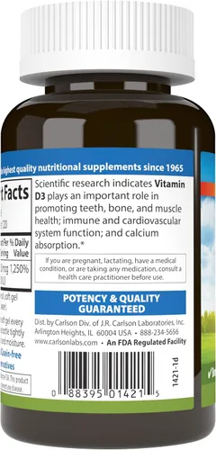 Miniatura 3 de Carlson - Vitamina D3, 10000 UI (250 mcg), suplementos de vitamina D, apoyo óseo e inmunológico, cápsulas blandas de vitamina D3, salud cardíaca