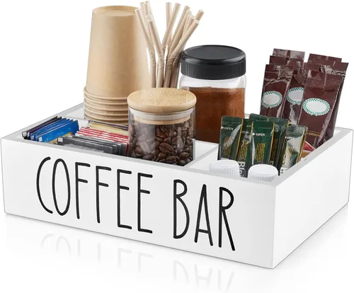 Miniatura 9 de Organizador de estación de café ALELION - Organizador de accesorios de encimera de madera con divisores removibles para cápsulas, condimentos