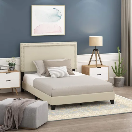 Furinno - Estructura de cama con cabecero incluido tapizado y con doble hilera de remaches tipo cabeza de clavo, colección Laval, tamaño Full, color