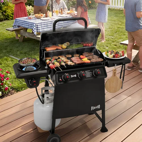 Miniatura 2 de Feasto Parrilla de gas propano de 3 quemadores con quemador lateral, cuerpo principal y tapa esmaltados de porcelana, parrilla de barbacoa