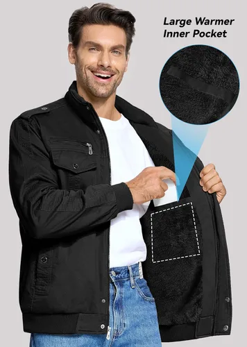 Miniatura 4 de EKLENTSON Chaqueta térmica gruesa de invierno para hombre con múltiples bolsillos con cremallera frontal forro polar chaqueta militar para hombre