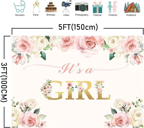Miniatura 4 de Fondo de fiesta con texto en inglés "It's a Girl" para baby shower, decoración de fiesta, acuarela, fondo floral rosa, fondo de fotografía, regalos